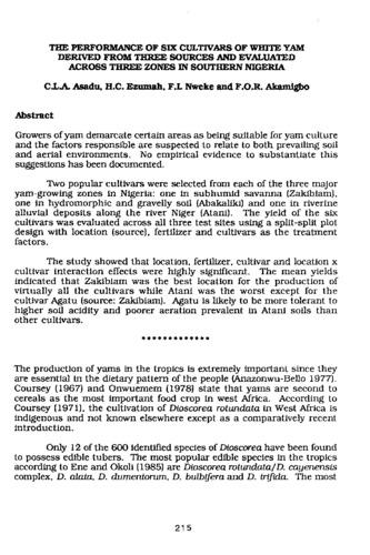 The performance of six cultivars of white yam derived from three sources and evaluated across three zones in southern Nigeria