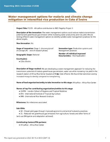 Water management options for malaria and climate change mitigation in intensified rice production in Cote d'Ivoire