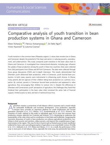 Comparative analysis of youth transition in bean production systems in Ghana and Cameroon