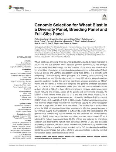 Genomic selection for wheat blast in a diversity panel, breeding panel and full-sibs panel