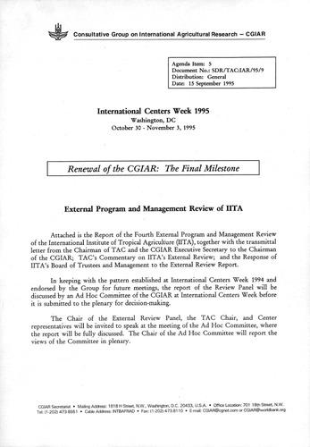 Report of the fourth external programme and management review of the International institute of tropical agriculture (IITA) + Report of the ad-hoc evaluation committee