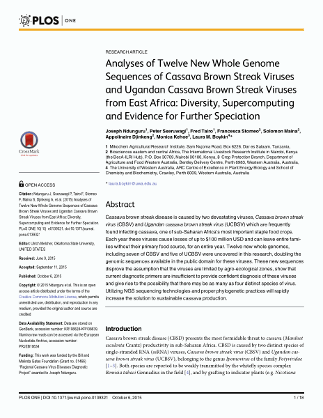 Analyses of Twelve New Whole Genome Sequences of Cassava Brown Streak Viruses and Ugandan Cassava Brown Streak Viruses from East Africa: Diversity, Supercomputing and Evidence for Further Speciation