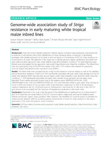 Genome-wide association study of Striga resistance in early maturing white tropical maize inbred lines