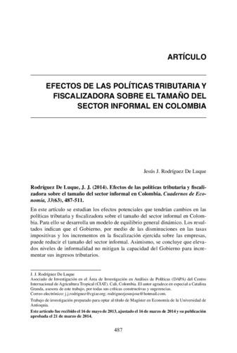 Efectos de las políticas tributaria y fiscalizadora sobre el tamaño del sector informal en Colombia