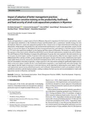 Impact of adoption of better management practices and nutrition-sensitive training on the productivity, livelihoods and food security of small-scale aquaculture producers in Myanmar