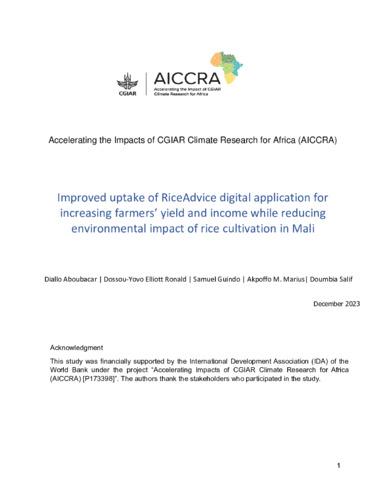 Improved uptake of RiceAdvice digital application for increasing farmers’ yield and income while reducing environmental impact of rice cultivation in Mali