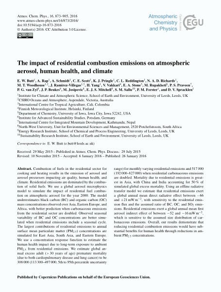 The impact of residential combustion emissions on atmospheric aerosol, human health, and climate