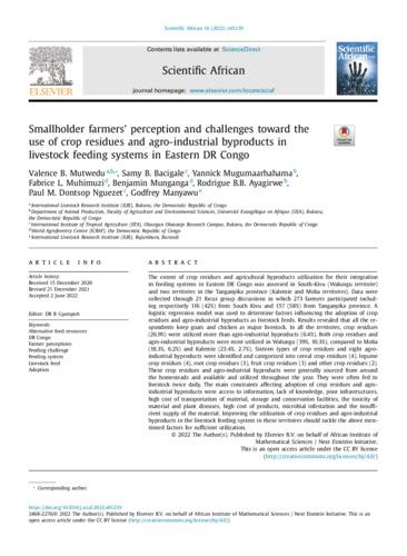 Smallholder farmers' perception and challenges toward the use of crop residues and agro-industrial byproducts in livestock feeding systems in eastern DR Congo