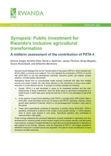 Synopsis: Public investment for Rwanda's inclusive agricultural transformation: A midterm assessment of the contribution of PSTA4