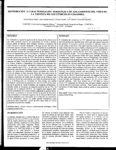 Distribución y caracterización serológica de aislamientos del virus de la tristeza de los cítricos en Colombia