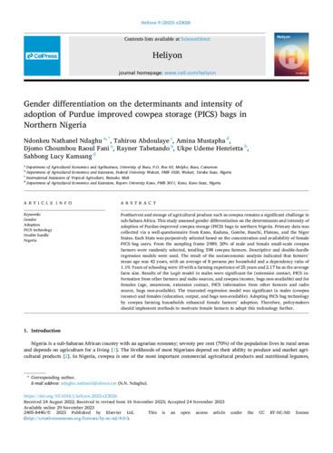 Gender differentiation on the determinants and intensity of adoption of Purdue improved cowpea storage (PICS) bags in Northern Nigeria