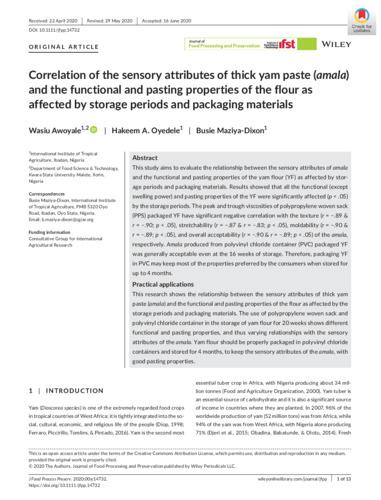 Correlation of the sensory attributes of thick yam paste (amala) and the functional and pasting properties of the flour as affected by storage periods and packaging materials