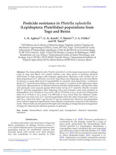Pesticide resistance in Plutella xylostella (Lepidoptera: Plutellidae) populations from Togo and Benin