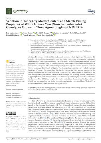 Variation in tuber dry matter content and starch pasting properties of white Guinea yam (Dioscorea rotundata) genotypes grown in three groecologies of Nigeria