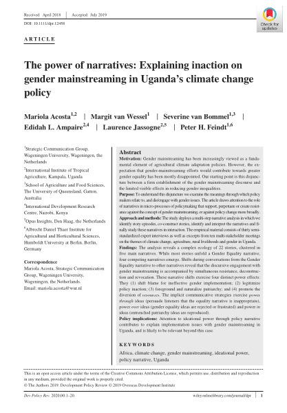 The power of narratives: Explaining inaction on gender mainstreaming in Uganda's climate change policy