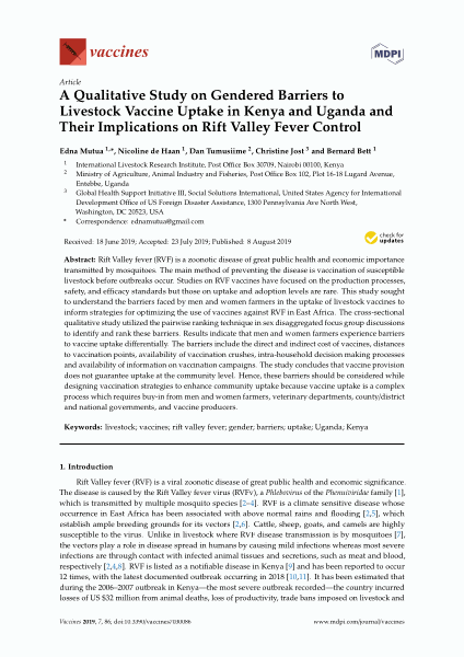 A qualitative study on gendered barriers to livestock vaccine uptake in Kenya and Uganda and their implications on Rift Valley fever control