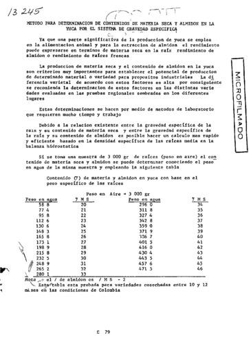 Metodo para determinacion de contenidos de materia seca y almidon en la yuca por el sistema de gravedad especifica