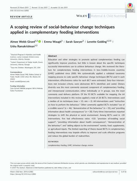 A scoping review of social‐behaviour change techniques applied in complementary feeding interventions
