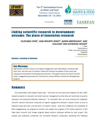 Linking scientific research to development outcome: The place of innovation research