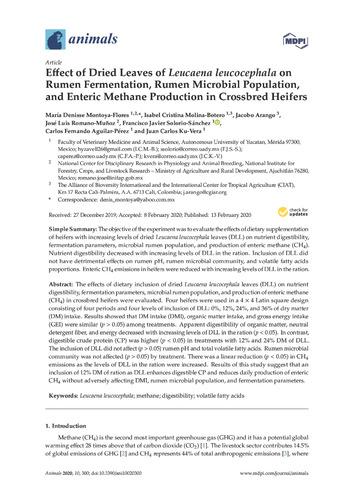 Effect of dried leaves of Leucaena leucocephala on rumen fermentation, rumen microbial population, and enteric methane production in crossbred heifers