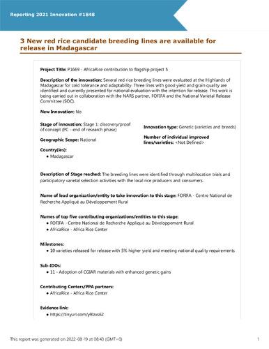 3 New red rice candidate breeding lines are available for release in Madagascar