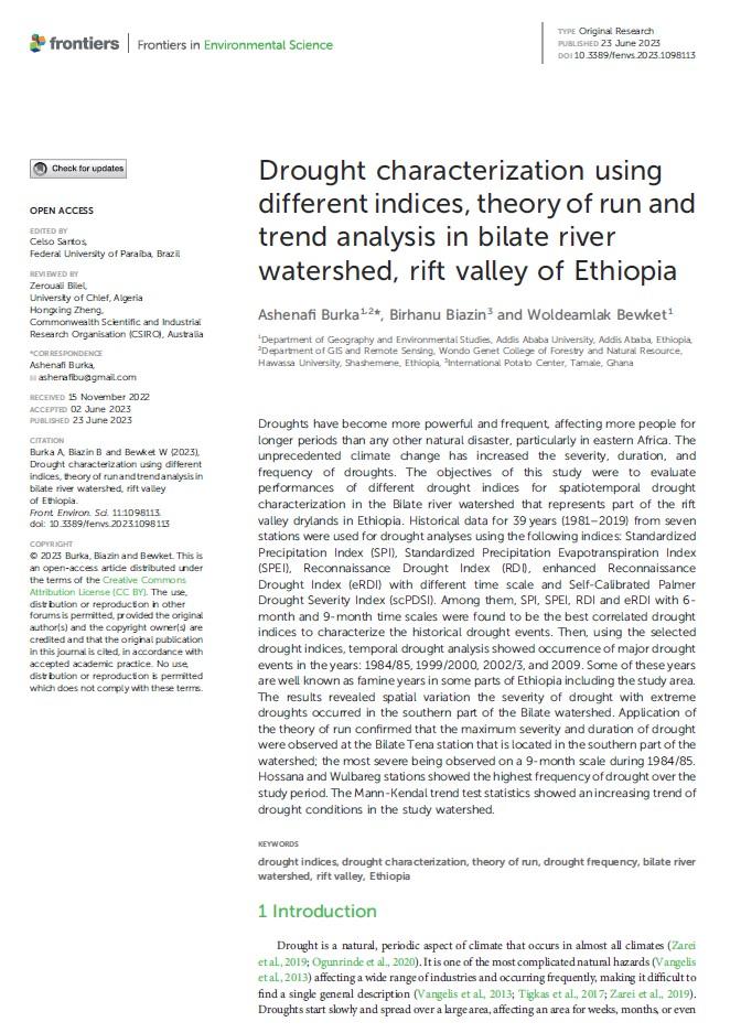 Drought characterization using different indices, theory of run and trend analysis in bilate river watershed, rift valley of Ethiopia