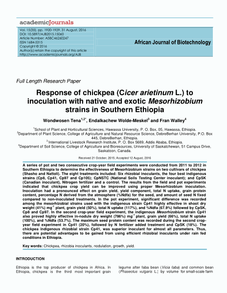 Response of chickpea (Cicer arietinum L.) to inoculation with native and exotic Mesorhizobium strains in southern Ethiopia