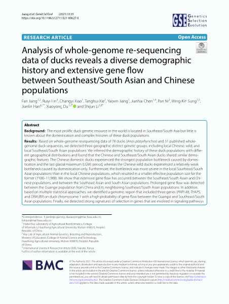 Analysis of whole-genome re-sequencing data of ducks reveals a diverse demographic history and extensive gene flow between Southeast/South Asian and Chinese populations