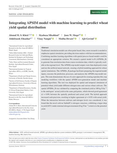 Integrating APSIM model with machine learning to predict wheat yield spatial distribution