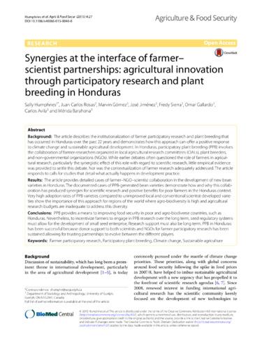 Synergies at the interface of farmer-scientist partnerships: agricultural innovation through participatory research and plant breeding in Honduras