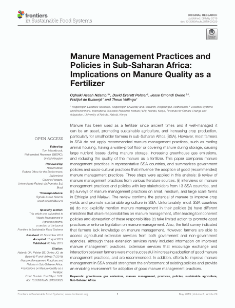Manure management practices and policies in sub-Saharan Africa: Implications on manure quality as a fertilizer