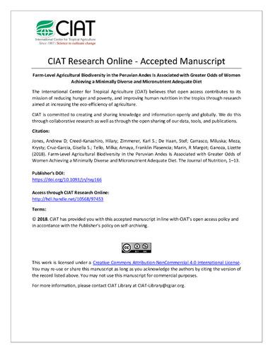 Farm-Level Agricultural Biodiversity in the Peruvian Andes Is Associated with Greater Odds of Women Achieving a Minimally Diverse and Micronutrient Adequate Diet