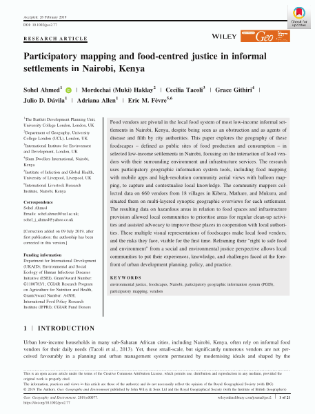 Participatory mapping and food‐centred justice in informal settlements in Nairobi, Kenya