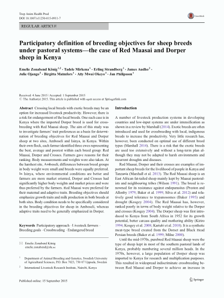 Participatory definition of breeding objectives for sheep breeds under pastoral systems—the case of Red Maasai and Dorper sheep in Kenya