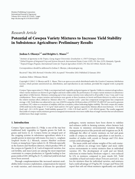 Potential of cowpea variety mixtures to increase yield stability in subsistence agriculture: preliminary results