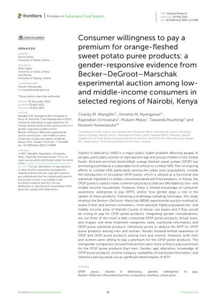 Consumer willingness to pay a premium for orange-fleshed sweet potato puree products: a gender-responsive evidence from Becker–DeGroot–Marschak experimental auction among low- and middle-income consumers in selected regions of Nairobi, Kenya