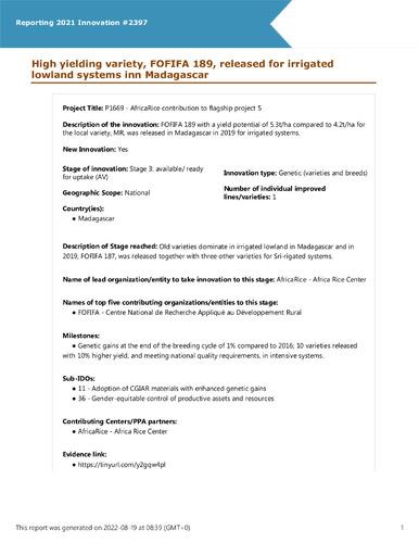 High yielding variety, FOFIFA 189, released for irrigated lowland systems inn Madagascar