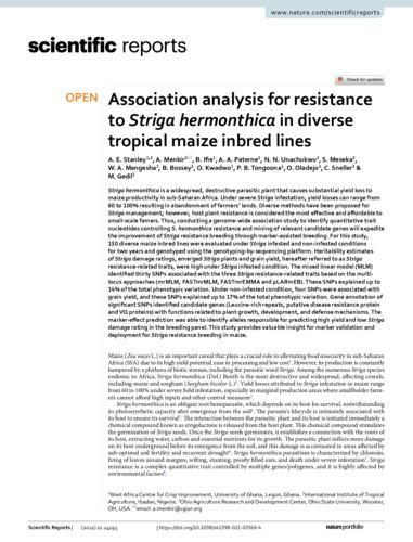 Association analysis for resistance to Striga hermonthica in diverse tropical maize inbred lines