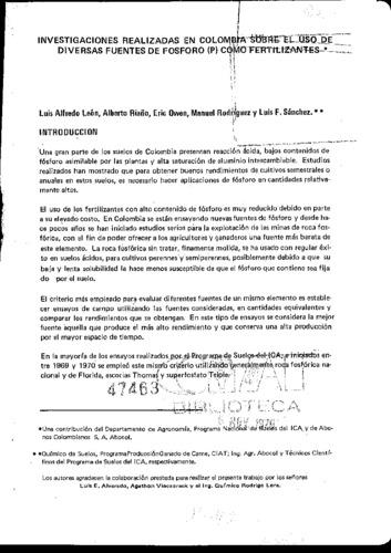 Investigaciones realizadas en Colombia sobre el uso de diversas fuentes de fósforo (P) como fertilizantes