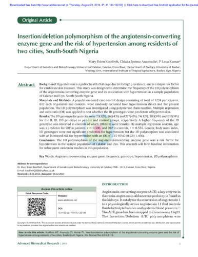 Insertion/deletion polymorphism of the angiotensinconverting enzyme gene and the risk of hypertension among residents of two cities, SouthSouth Nigeria