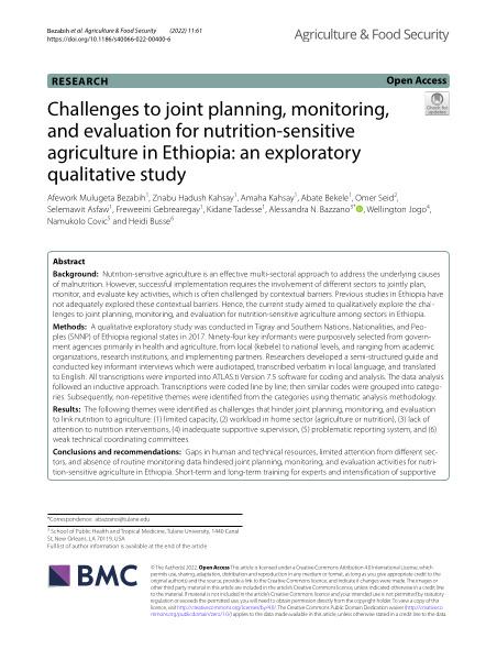 Challenges to joint planning, monitoring, and evaluation for nutrition-sensitive agriculture in Ethiopia: an exploratory qualitative study