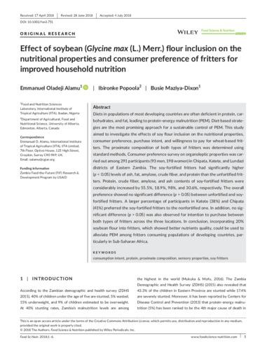 Effect of soybean (Glycine max (L.) Merr.) flour inclusion on the nutritional properties and consumer preference of fritters for improved household nutrition