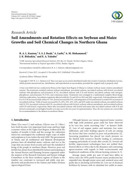 Soil amendments and rotation effects on soybean and maize growths and soil chemical changes in northern Ghana