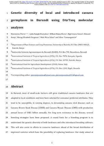 Genetic diversity of local and introduced cassava germplasm in Burundi using DArTseq molecular analyses