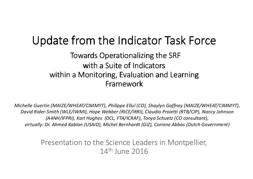 Towards Operationalizing the SRF with a Suite of Indicators within a Monitoring, Evaluation and Learning Framework